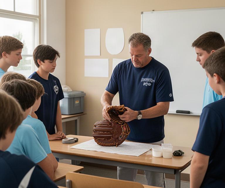 学校の教室でグローブの手入れ方法を説明する講師