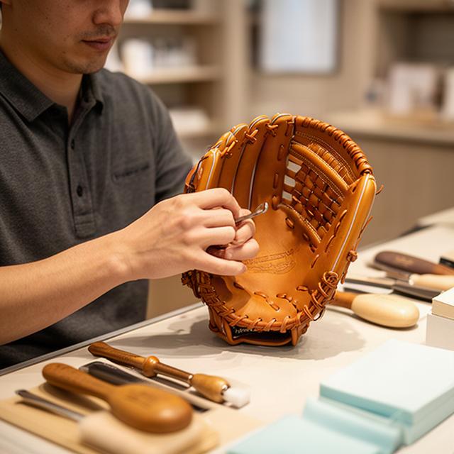 室蘭の店舗カウンターでスタッフが革グローブの型付けを確認する様子